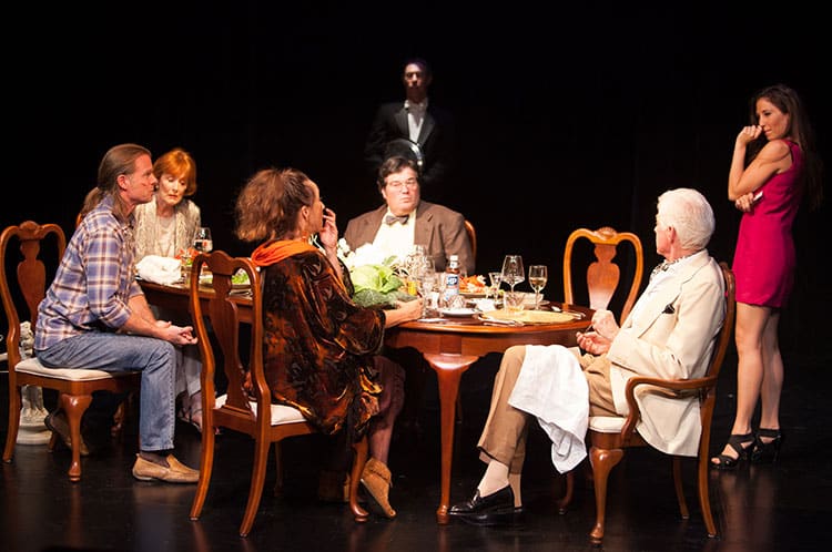 (from left) Rob Hay, Maeve McGuire, Susan McGinnis, A.T. Wilce, Eric Schultz, John Knox-Johnston, and Vanessa Calantropo star in Dinner, playing at Theatre Workshop's Centre Stage until October 12.
