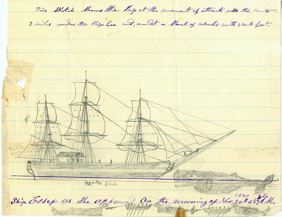 Drawing by Nickerson of the Essex whaleship attack