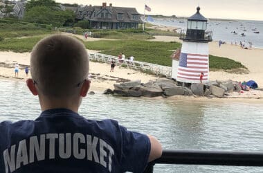 Steamship Authority ferry approaching Nantucket with Brant Point in view