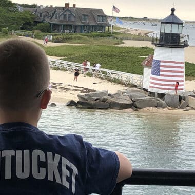 Steamship Authority ferry approaching Nantucket with Brant Point in view