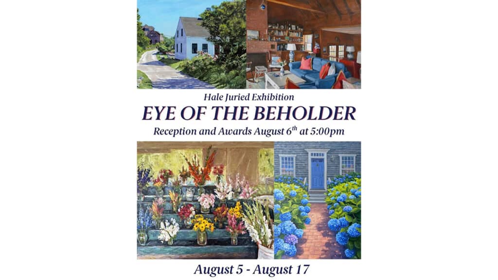 A promotional flyer for the Artists Association of Nantucket's Eye of the Beholder juried exhibition featuring member paintings.