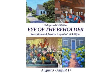 A promotional flyer for the Artists Association of Nantucket's Eye of the Beholder juried exhibition featuring member paintings.