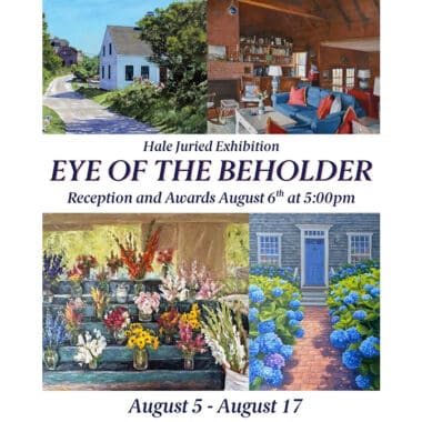 A promotional flyer for the Artists Association of Nantucket's Eye of the Beholder juried exhibition featuring member paintings.