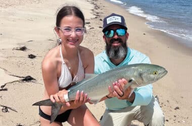 Liliana Small holds her 28.75 inch bluefish, the top junior catch in the August Blues Nantucket Fishing Tournament.