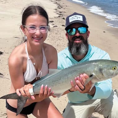 Liliana Small holds her 28.75 inch bluefish, the top junior catch in the August Blues Nantucket Fishing Tournament.