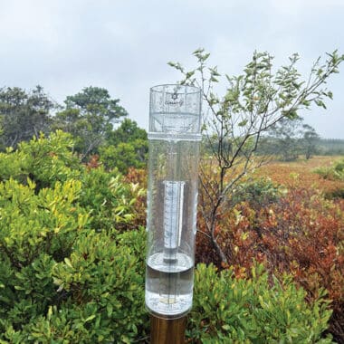 A CoCoRaHS rain gauge collects precipitation data used to track Nantucket's ongoing drought conditions.