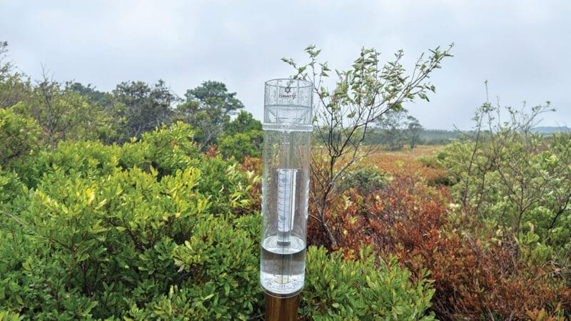 A CoCoRaHS rain gauge collects precipitation data used to track Nantucket's ongoing drought conditions.