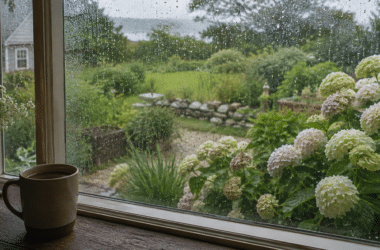 Rain falling outside a window overlooking a Nantucket garden.