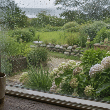 Rain falling outside a window overlooking a Nantucket garden.
