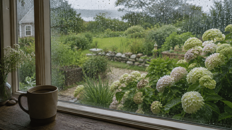 Rain falling outside a window overlooking a Nantucket garden.