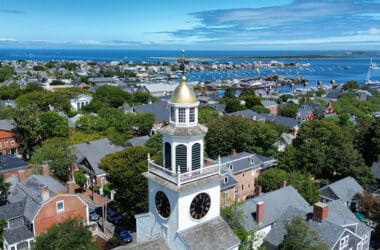 Aerial view of Nantucket homes and harbor