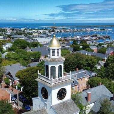 Aerial view of Nantucket homes and harbor