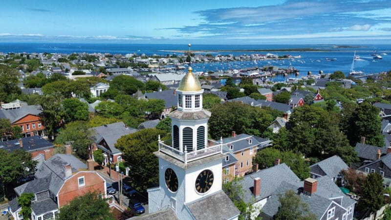 Aerial view of Nantucket homes and harbor