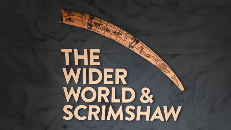 The Nantucket Whaling Museum's Wider World & Scrimshaw exhibit title wall features an engraved Arctic tusk.