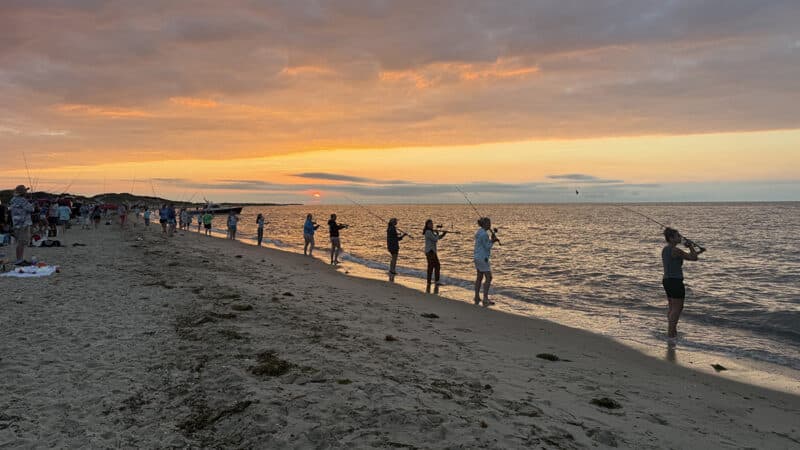 Women line the shoreline casting at sunset during Tammy King's annual women's fishing seminar on Nantucket.